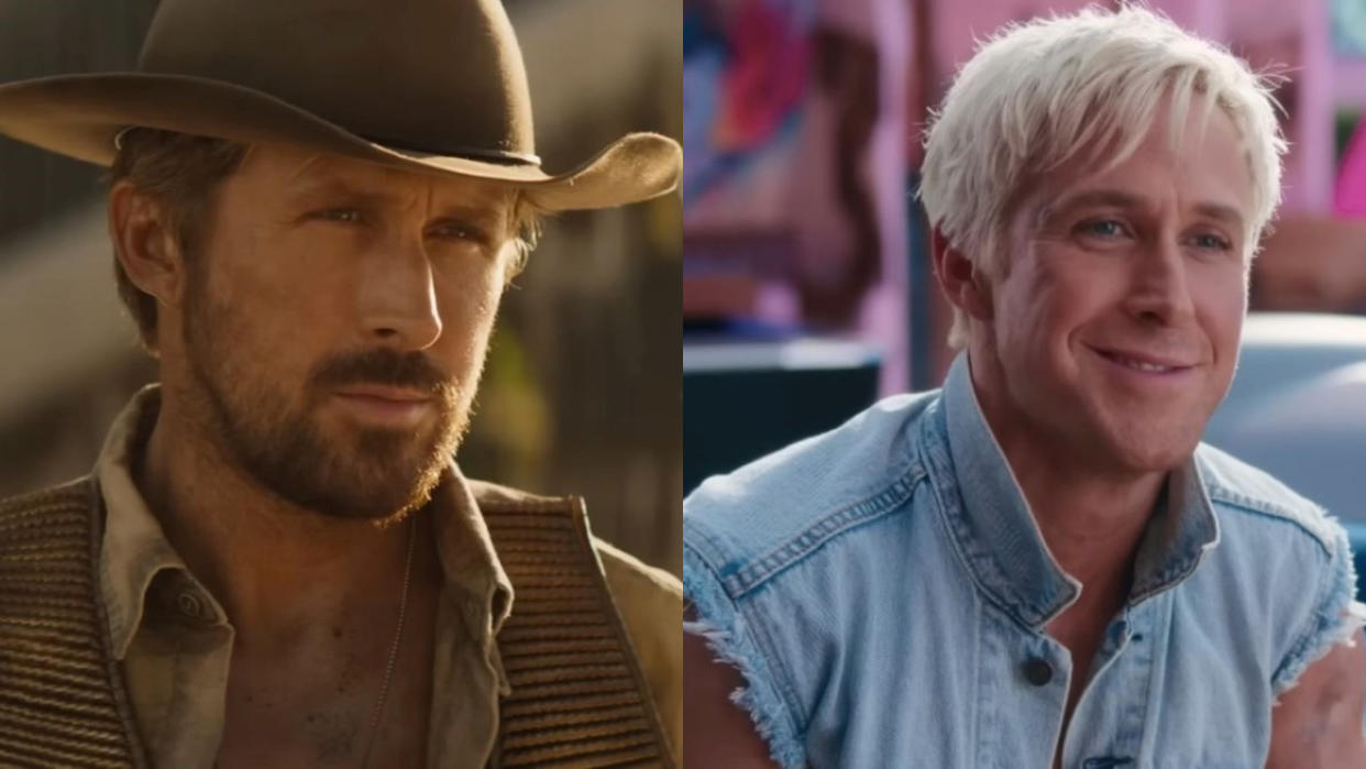  Ryan Gosling looking stern as a cowboy in The Fall Guy/Ryan Gosling smiling as Ken in Barbie. 