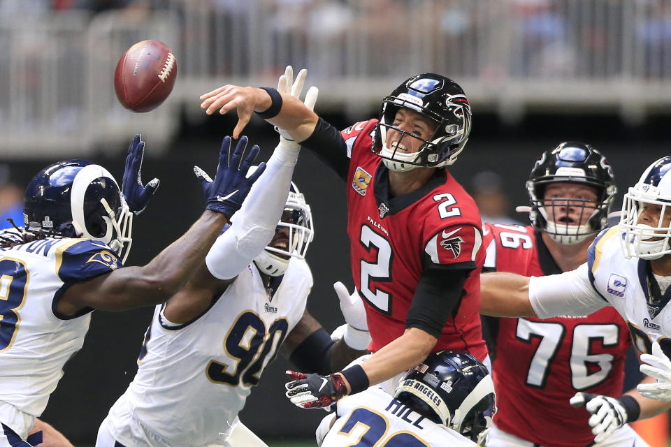 Falcons QB Matt Ryan left the game against the Rams with an ankle injury. (Photo by David John Griffin/Icon Sportswire via Getty Images)