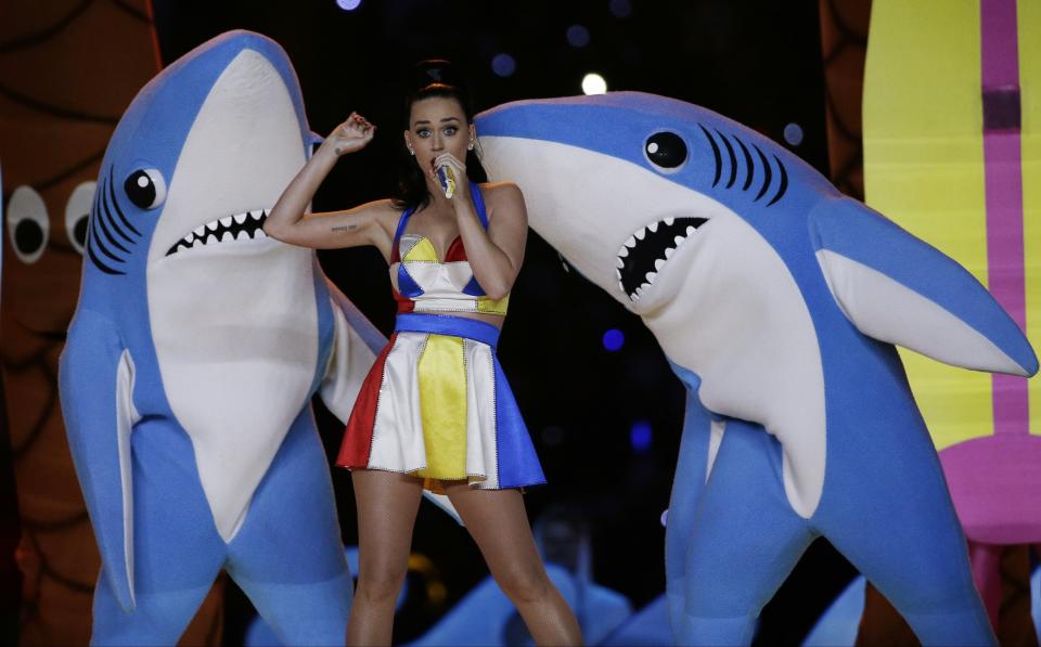 Singer Katy Perry performs during halftime of NFL Super Bowl XLIX football game between the Seattle Seahawks and the New England Patriots Sunday, Feb. 1, 2015, in Glendale, Ariz. (AP Photo/David J. Phillip)