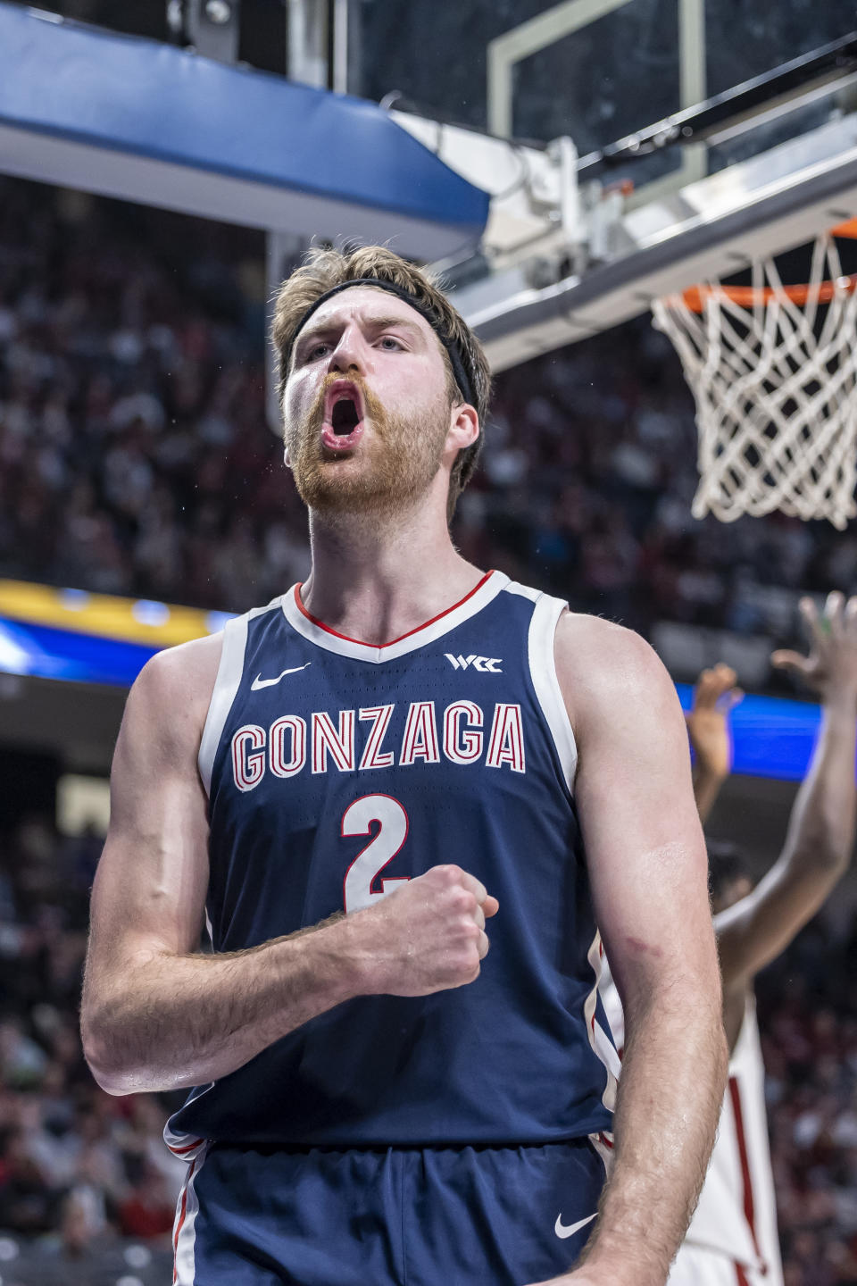 Gonzaga forward Drew Timme (2) reacts after scoring against Alabama during the second half of an NCAA college basketball game, Saturday, Dec. 17, 2022, in Birmingham, Ala. (AP Photo/Vasha Hunt)