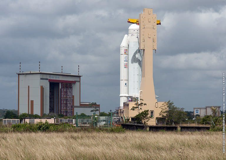 The Arianespace Ariane 5 VA213 stands on the launch pad at Kourou space center, French Guiana, March 11, 2013. The fifth and mightiest generation of Ariane rockets is set to take a whopping 20.2 tonnes into orbit on June 5, 2013, in a cargo craft the size of a double-decker bus and a record for Europe