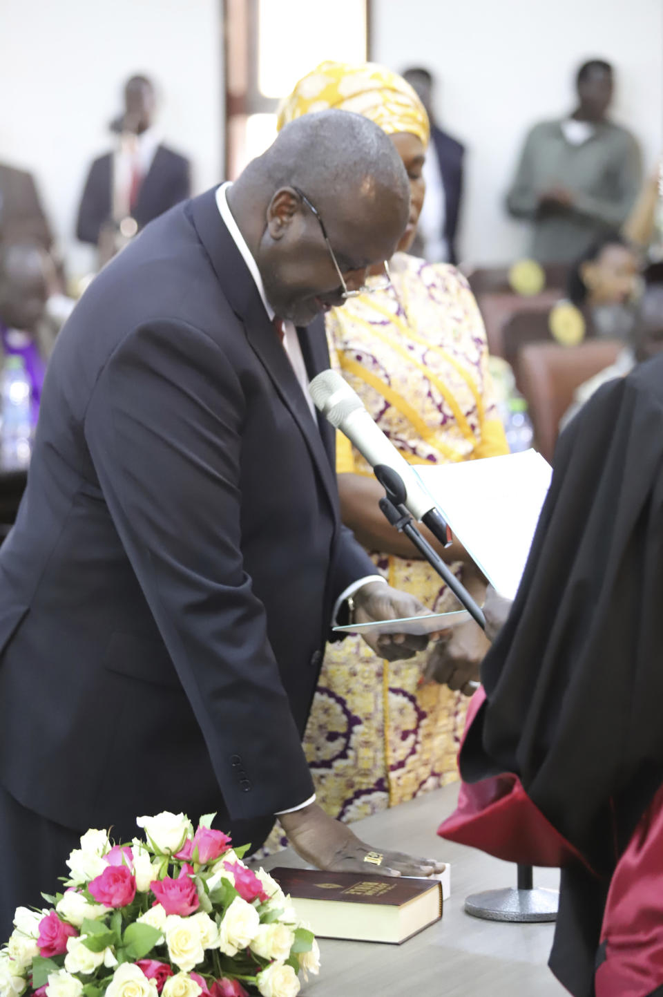 Dr. Riek Machar, during swearing in ceremony in Juba, South Sudan Saturday, Feb. 22, 2020. South Sudan opened a new chapter in its fragile emergence from civil war Saturday as rival leaders formed a coalition government that many observers prayed would last this time around. (AP Photo)