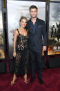 <p>Elsa, in Dolce & Gabbana, and Chris, in a navy blue suit, attended the premiere of ’12 Strong’ together in NYC. <em>[Photo: Getty]</em> </p>