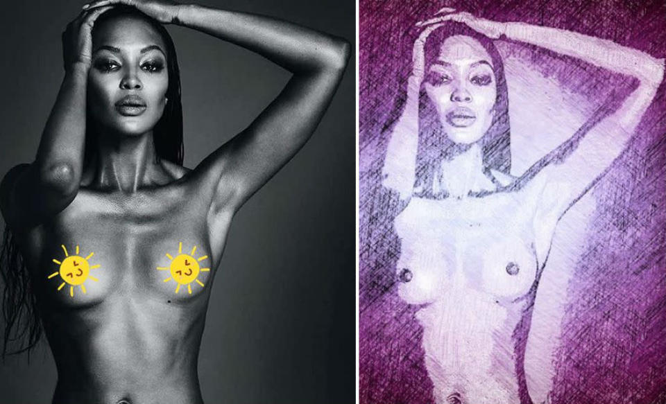 Aunque la imagen ya no se encuentra en el perfil de Naomi Campbell, todavía circula por Instagram gracias a que muchos usuarios decidieron compartirla con sus seguidores (aquí puedes verla sin censura). Otros, en cambio, la publicaron tapando los pechos de ‘la diosa de ébano’ o creando una versión mucho más artística. Ambas sí que cumplen con la política de restricciones, por lo que la mencionada red social no tiene motivos para eliminarlas. (Foto: Instagram / @honeygerman / @eevolkaneevol).