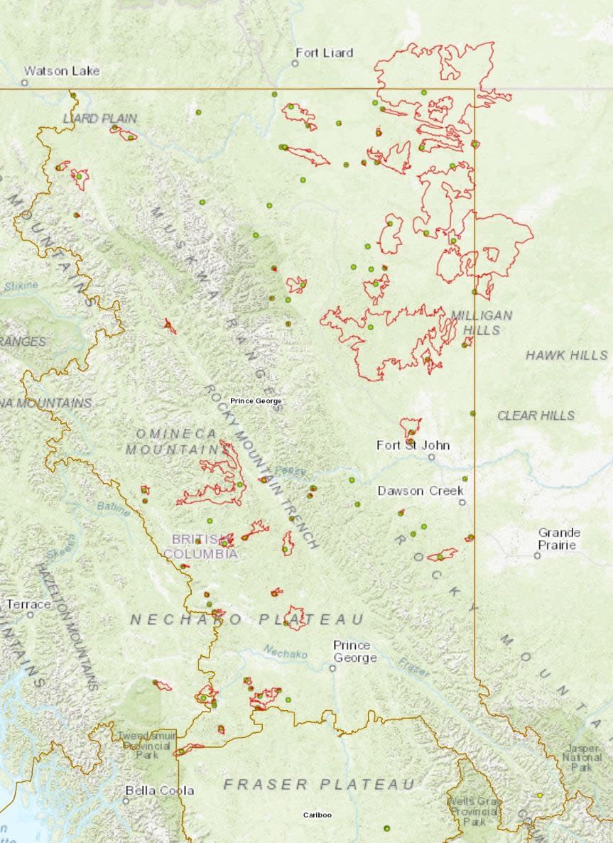 The B.C. Wildfire situation map as of Feb. 8, 2024. Areas in red outline indicate spots where wildfires may remain active.