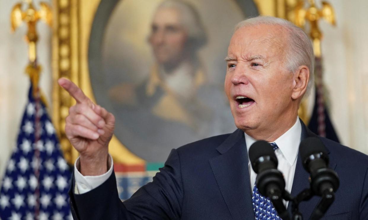 <span>“I did not share classified information!” Joe Biden almost shouted. </span><span>Photograph: Kevin Lamarque/Reuters</span>