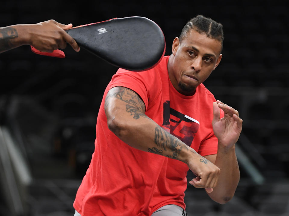 SAN ANTONIO, TX - JULY 17:   Greg Hardy works out for fans and media at the AT&T Center on July 17, 2019 in San Antonio, Texas. (Photo by Josh Hedges/Zuffa LLC/Zuffa LLC via Getty Images)