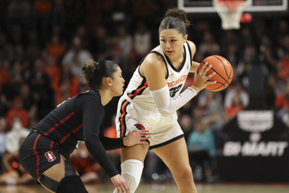 Oregon State guard Talia von Oelhoffen, right, looks to get past Stanford guard Talana Lepolo, left, during the first half of an NCAA college basketball game Thursday, Feb. 29, 2024, in Corvallis, Ore. (AP Photo/Amanda Loman)