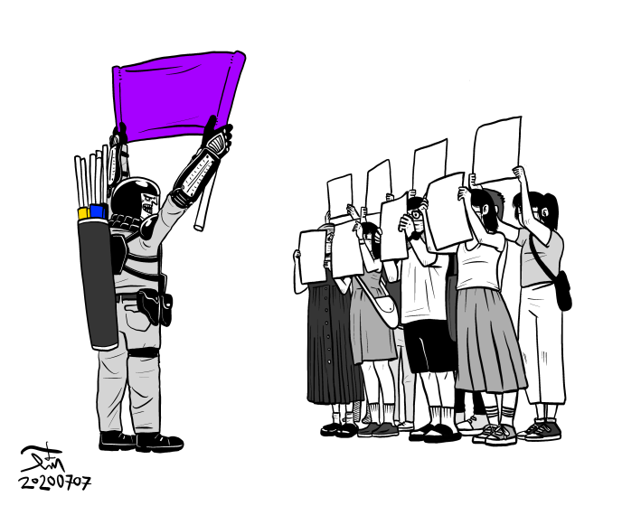 A cartoon by Hong Kong artist Kit Man depicts protesters facing police with blank sheets of paper after the passage of a new national security law.