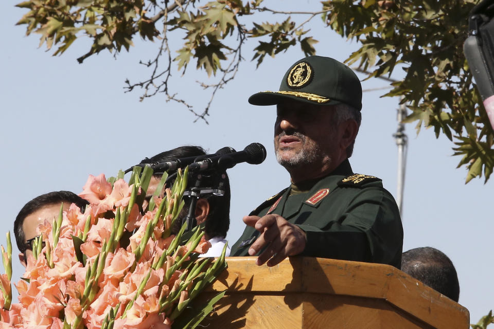 Iran's Revolutionary Guard commander Mohammad Ali Jafari speaks during a rally in front of the former U.S. Embassy in Tehran, Iran, on Sunday, Nov. 4, 2018, marking the 39th anniversary of the seizure of the embassy by militant Iranian students. Thousands of Iranians rallied in Tehran on Sunday to mark the anniversary as Washington restored all sanctions lifted under the nuclear deal. (AP Photo/Vahid Salemi)