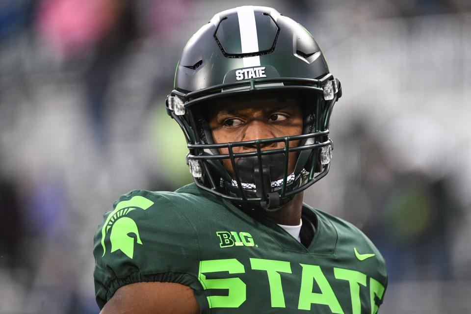 Nov 13, 2021; East Lansing, Michigan, USA; Michigan State Spartans running back Kenneth Walker III (9) before the game against the Maryland Terrapins at Spartan Stadium. Mandatory Credit: Tim Fuller-USA TODAY Sports