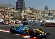 Italy's Giancarlo Fisichella steers his Renault racer during practice for Sunday's Formula One Monaco Grand Prix, at the Monaco racetrack, Saturday, May 27, 2006. (AP Photo/Christian Lutz)