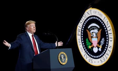 U.S. President Donald Trump speaks during a visit to Foxconn in Mount Pleasant, Wisconsin, U.S., June 28, 2018. REUTERS/Kevin Lamarque