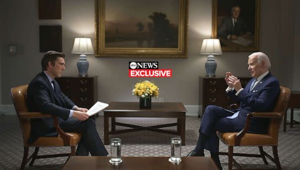 PHOTO: President Joe Biden speaks to ABC News 'World News Tonight' anchor David Muir in an exclusive interview on Feb. 24, 2023. (ABC News)