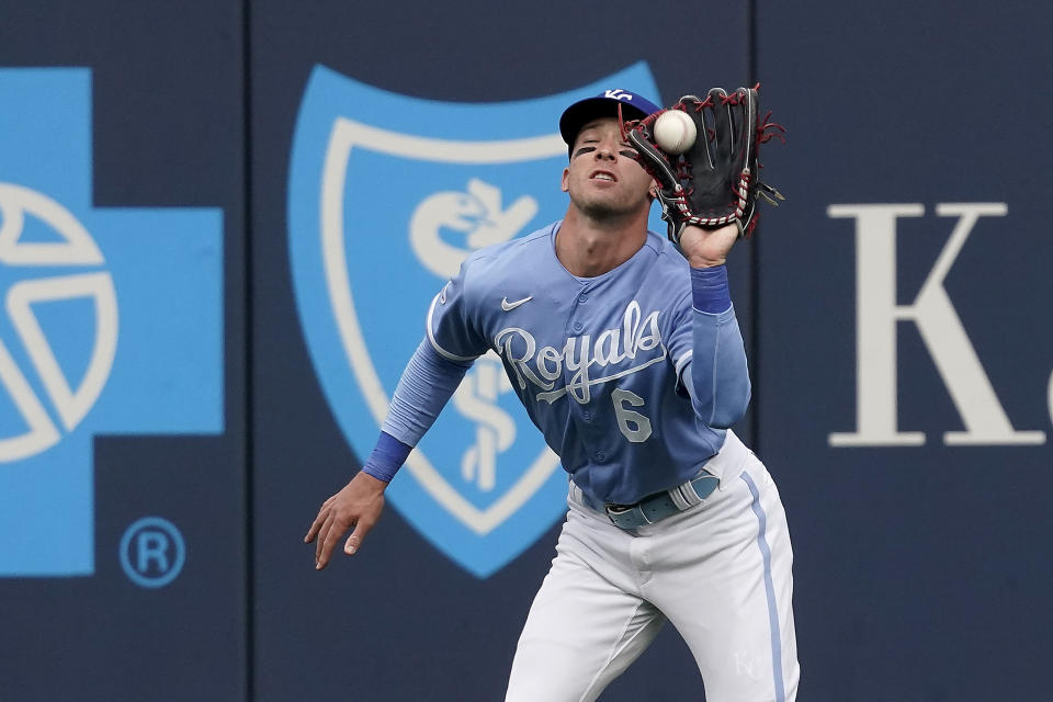 Kansas City Royals center fielder Drew Waters catches a one-run sacrifice fly hit by Minnesota Twins' Nick Gordon during the sixth inning of a baseball game Thursday, Sept. 22, 2022, in Kansas City, Mo. (AP Photo/Charlie Riedel)