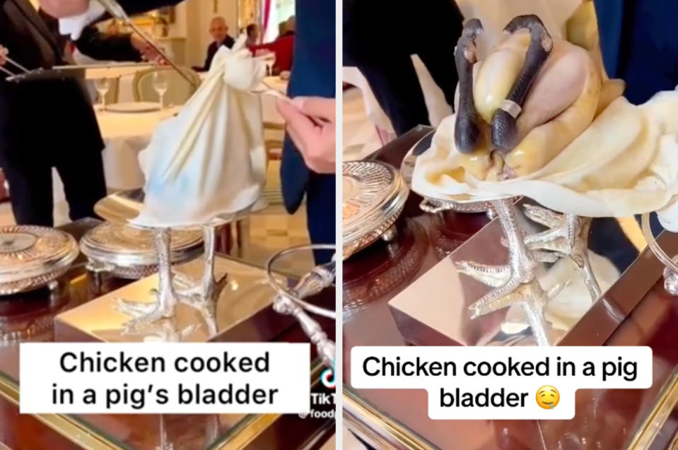 Two images side by side, showing a plated chicken dish before and after being cut, served in an upscale dining setting
