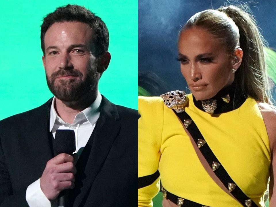 On the left: Ben Affleck speaking on stage at “Vax Live: The Concert to Reunite the World" in May 2021. On the right: Jennifer Lopez performing at SoFi Stadium in Inglewood, California in May 2021.
