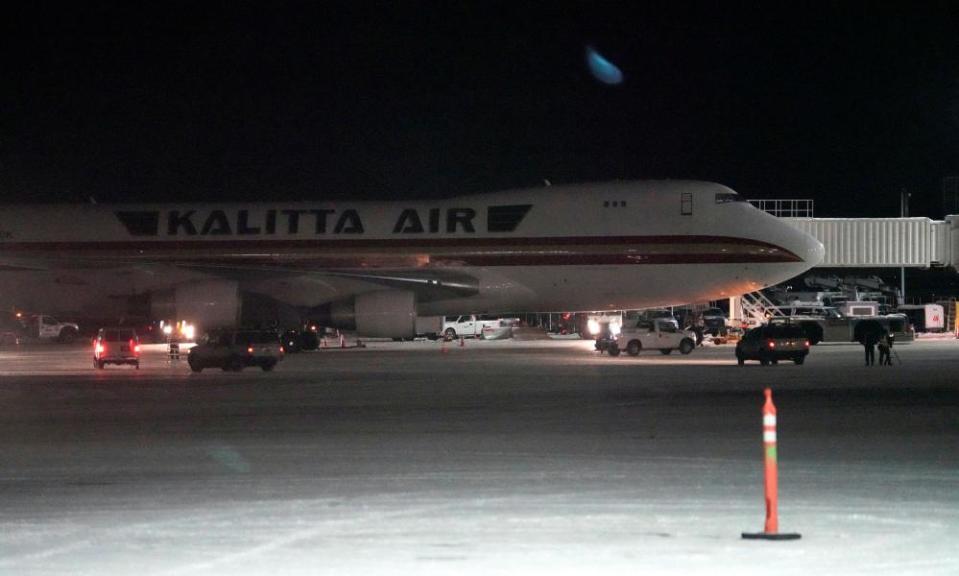 A plane, chartered by the US state department to evacuate Americans from Wuhan, arrives in Anchorage, Alaska.