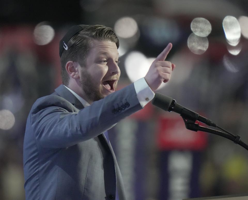 Shabbos Kestenbaum speaks during the third day of the Republican National Convention in Milwaukee.