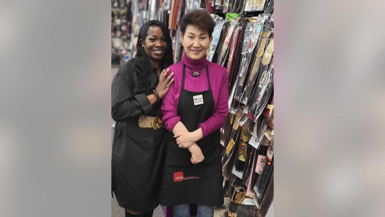 <div>Former longtime employee Rhicko Barton (left) and Glamor Beauty Supply owner Linda Song.</div>