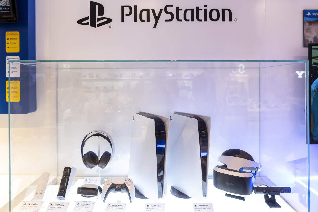 HONG KONG, CHINA - 2021/01/21: Japanese video gaming system brand created and owned by Sony Computer Entertainment, PlayStation 5, is seen at its official store in Hong Kong. (Photo by Budrul Chukrut/SOPA Images/LightRocket via Getty Images)