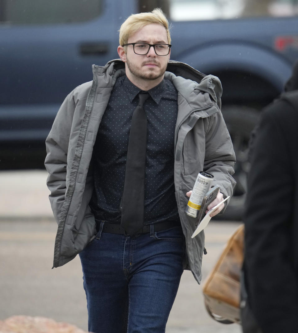 Michael Anderson, a survivor of the mass shooting at Club Q, enters the El Paso County courthouse for a preliminary hearing for Anderson Lee Aldrich, the alleged shooter in the Club Q mass shooting Wednesday, Feb. 22, 2023, in Colorado Springs, Colo. (AP Photo/David Zalubowski)