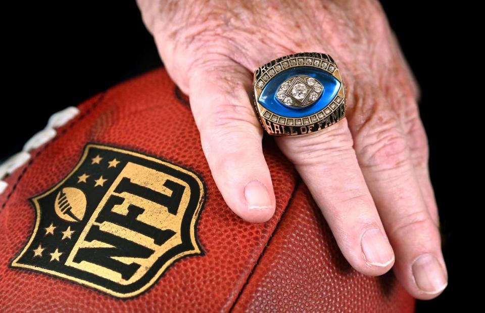 Bill Polian displays the ring he earned for making the Pro Football Hall of Fame in 2015. Polian, a Hall of Fame GM, made his mark by revitalizing the fortunes of teams in Buffalo, Carolina and Indianapolis. He won a Super Bowl with the Colts, constructed teams that made multiple Super Bowls in Buffalo and got the Panthers to the NFC Championship game in their second season, in 1996.