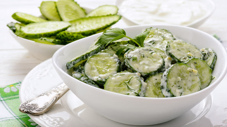 Cucumber salad in bowl