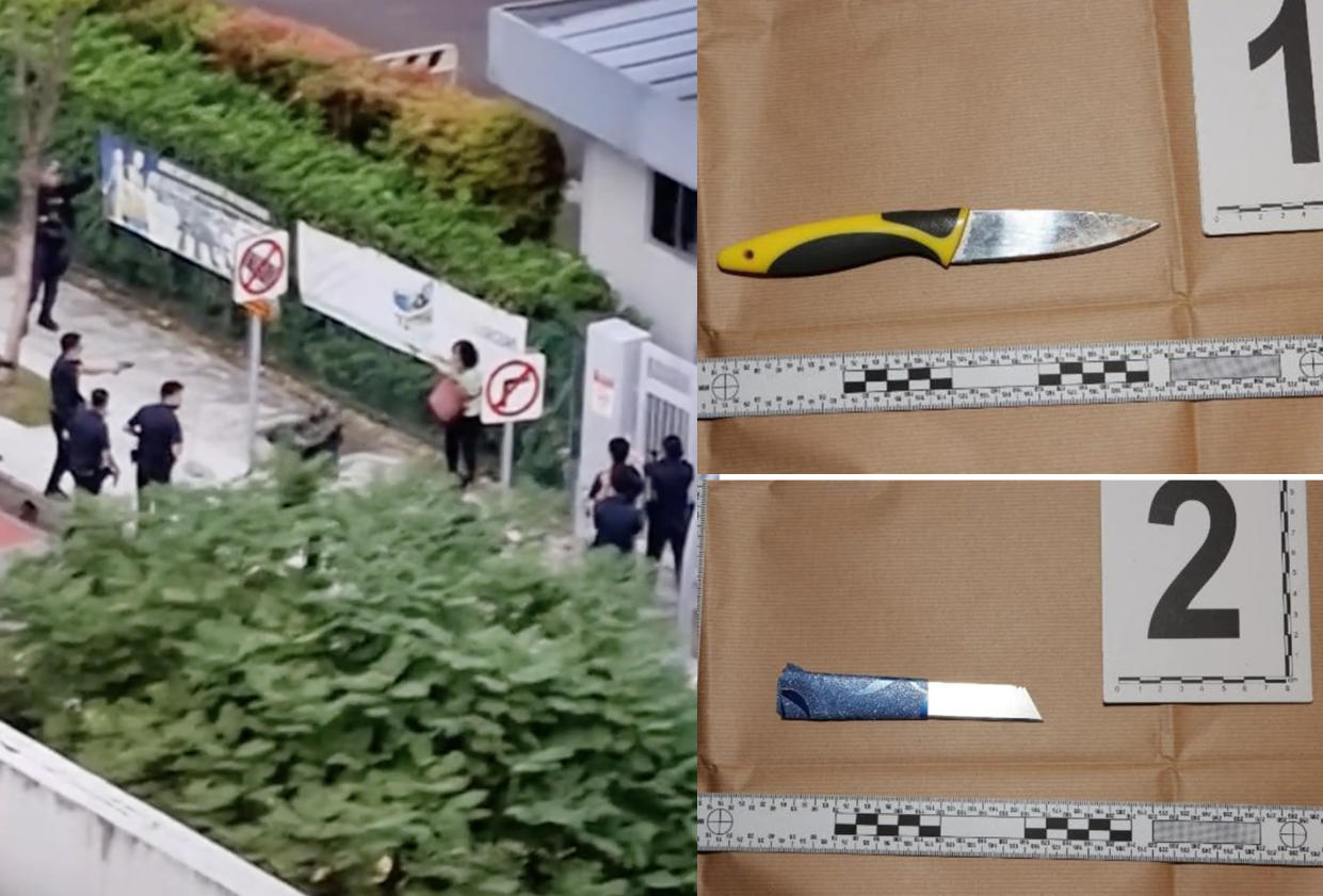 Left to right: The woman being surrounded by police officers, a knife she wielded in the standoff (top) and a penknife blade found in a bag (bottom). (PHOTOS: miseneri/TikTok screencap, SPF) 