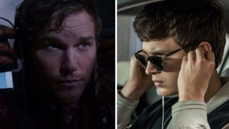 Music lovers: Chris Pratt in 'Guardians of the Galaxy' and Ansel Elgort in 'Baby Driver' (credit: Marvel Studios/Sony)