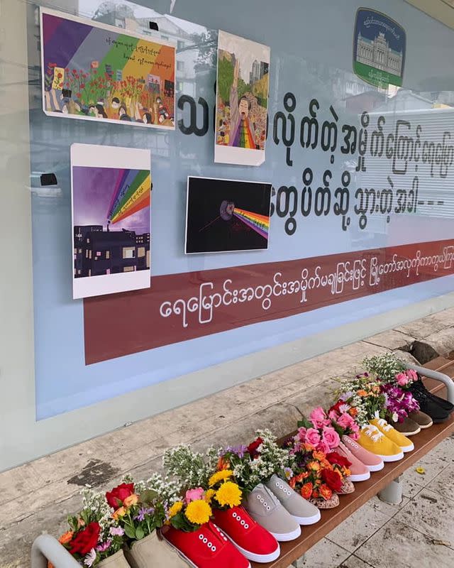 Shoes are seen during Marching Shoes Strike in honour of the people who have been killed since the start of the military coup, in Yangon