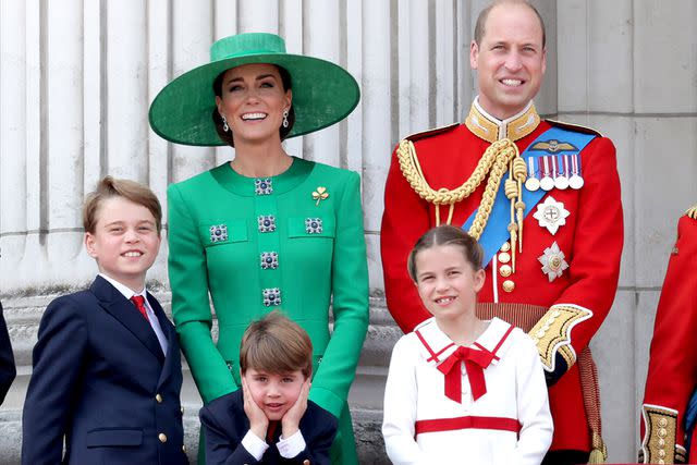 <p>Chris Jackson/Getty</p> (From left) Prince George, Kate Middleton, Prince Louis, Prince William and Princess Charlotte on the Buckingham Palace balcony during Trooping the Colour on June 17, 2023.