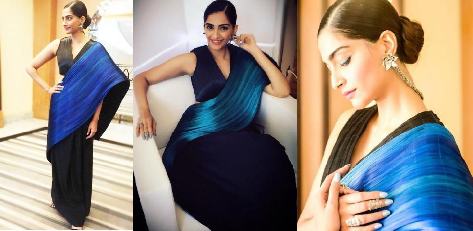 Sonam Kapoor donned a Rimzim Dadu saree created by hair-thin molten metal yarn at Cannes 2016. 