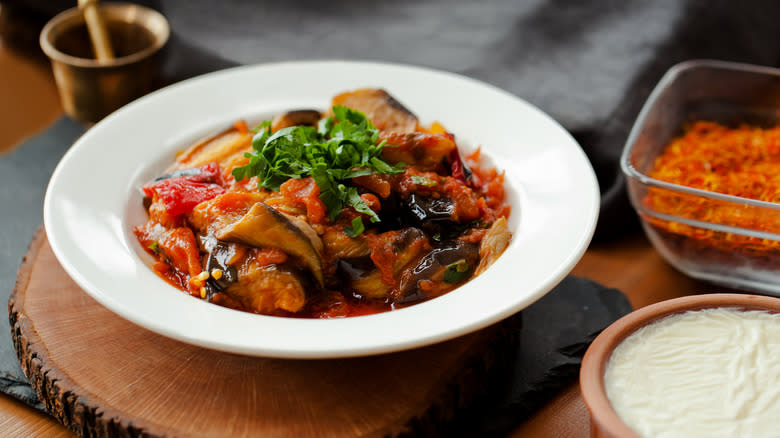 Eggplant ragu in white bowl