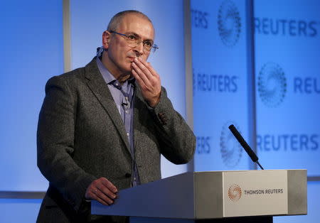 Former Russian tycoon Mikhail Khodorkovsky speaks during a Reuters Newsmaker event at Canary Wharf in London, Britain, November 26, 2015. REUTERS/Peter Nicholls