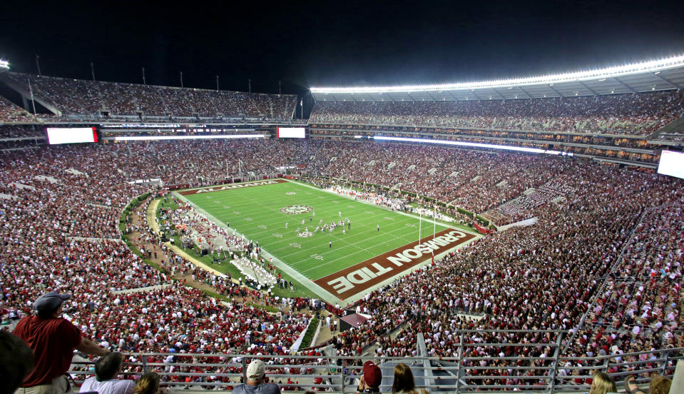 Wide view of Bryant Denny stadium during the second half of an NCAA college football game between Alabama and Mississippi, Saturday, Sept. 19, 2015, in Tuscaloosa, Ala. (AP Photo/Butch Dill)