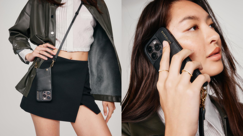 woman with a bandolier cover tied to her body and holding the phone to her ear