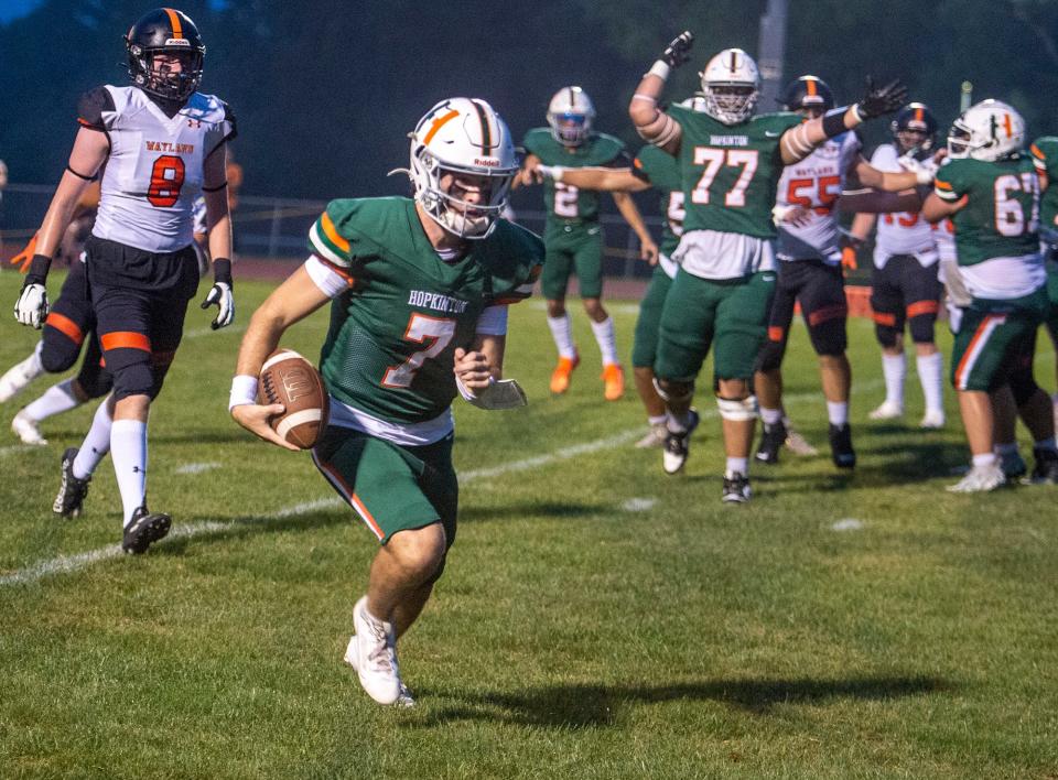 Hopkinton High School junior Julian Rivard runs in for a touchdown against Wayland, Sept. 8, 2023.