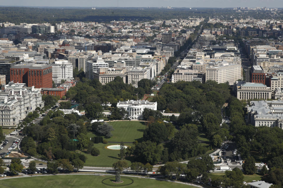 A view from the Washington Monument's observation level shows the White House and northwest Washington during a press preview tour ahead of the monument's official reopening, Wednesday, Sept. 18, 2019, in Washington. The monument, which has been closed to the public since August 2016, is scheduled to re-open Thursday, Sept. 19. (AP Photo/Patrick Semansky)