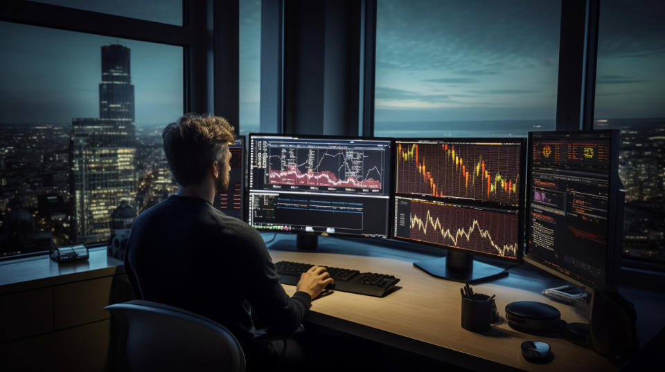 A financial professional at his desk, working intently on his wealth management software.