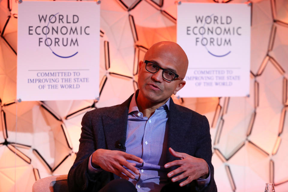 Satya Nadella, Chief Executive Officer of Microsoft, attends a session at the 50th World Economic Forum (WEF) annual meeting in Davos, Switzerland, January 23, 2020. REUTERS/Denis Balibouse