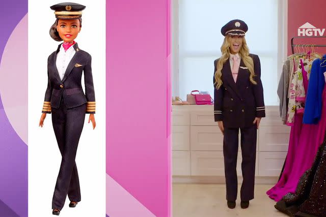 <p>HGTV</p> Christina Hall revisits an airline pilot Barbie from 2019