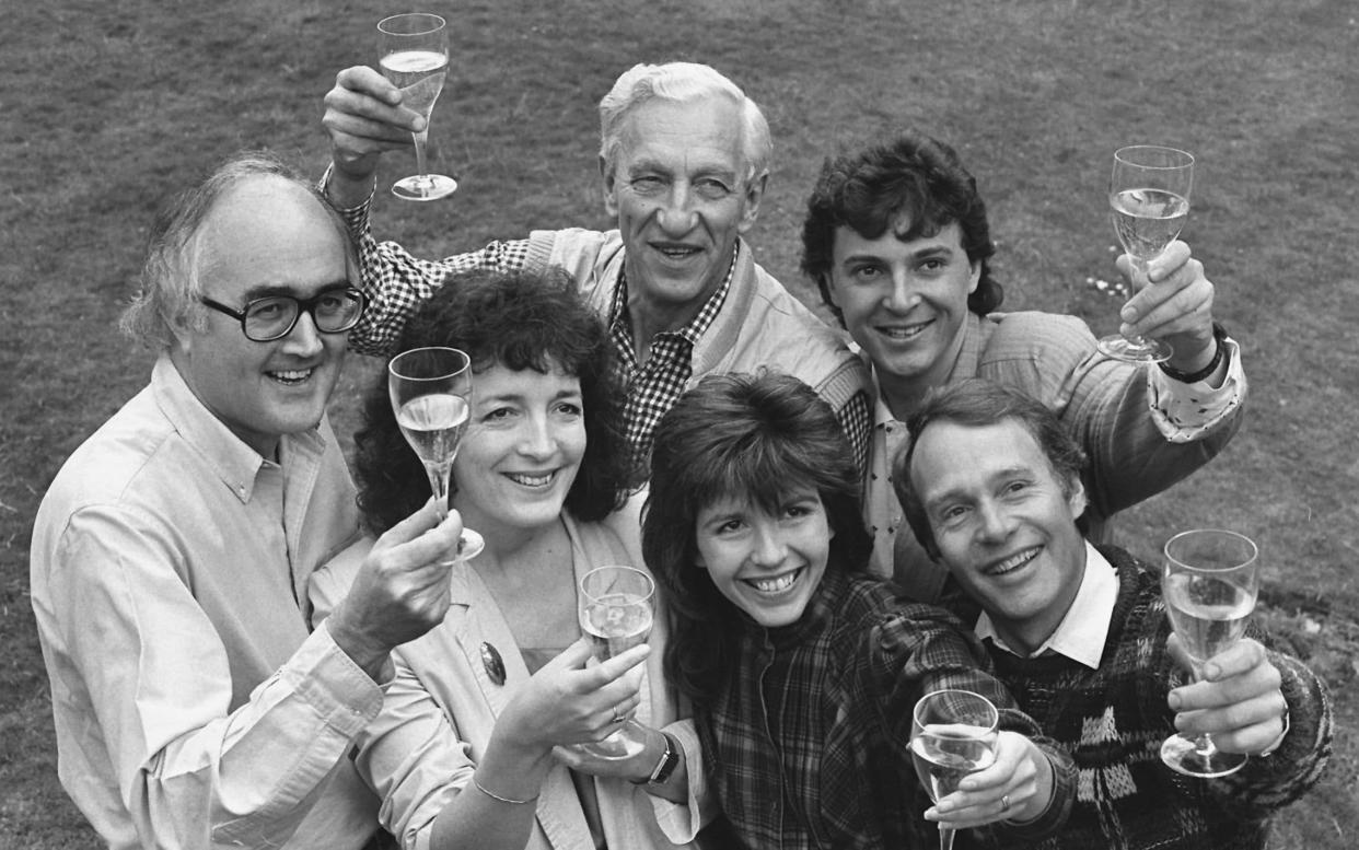 The presenters of Tomorrow's World gather in 1986: (from left) James Burke, Judith Hann, Raymond Baxter, Maggie Philbin, Peter Macann and Howard Stableford - PA
