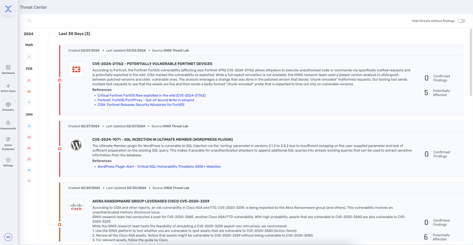 The IONIX Threat Center identifies specific assets that are exposed to new zero-day exploits.
