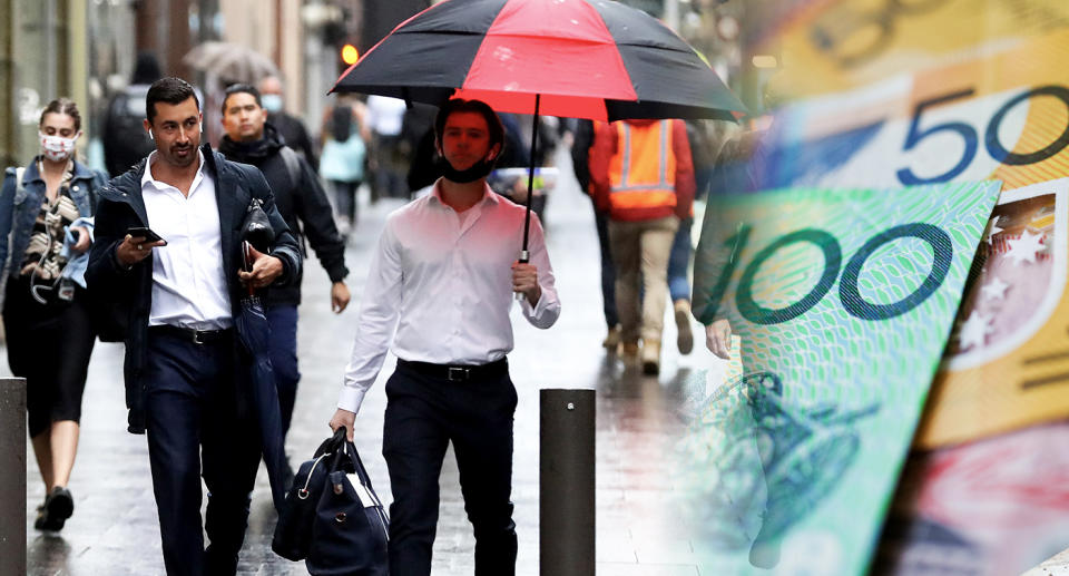 Graphic for wages growth. People walk on a busy street in the CBD and Australian currency.