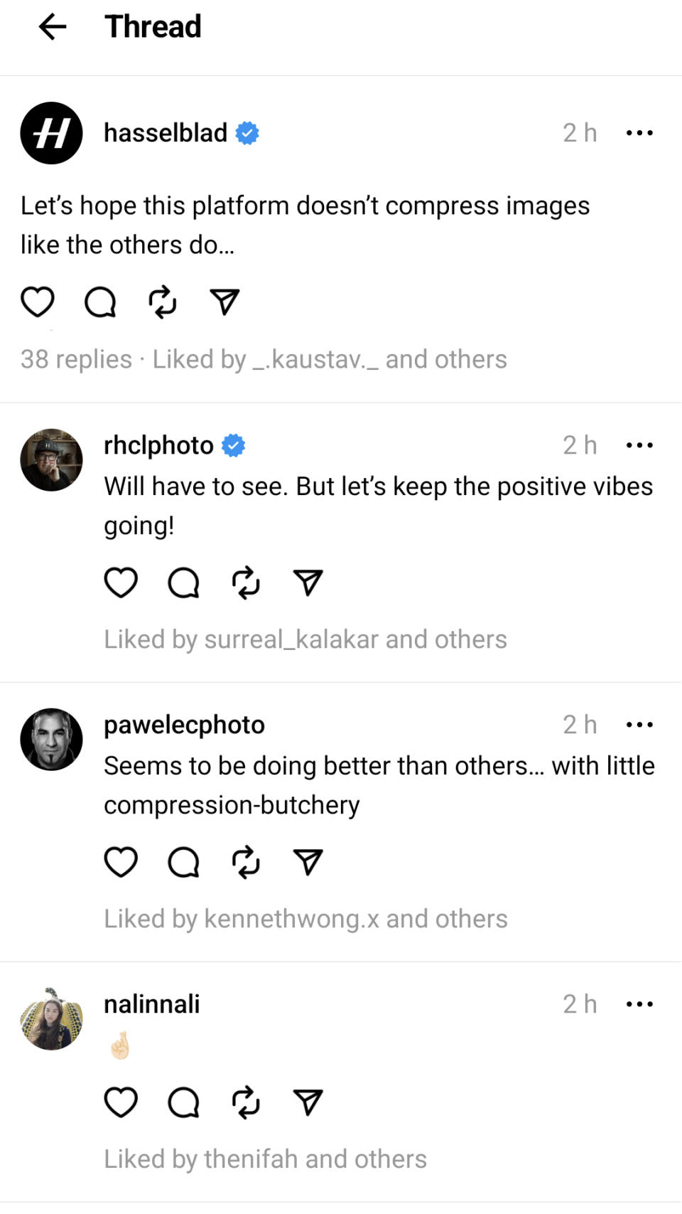 Threads app UI showing a Hasselblad Thread about image compression
