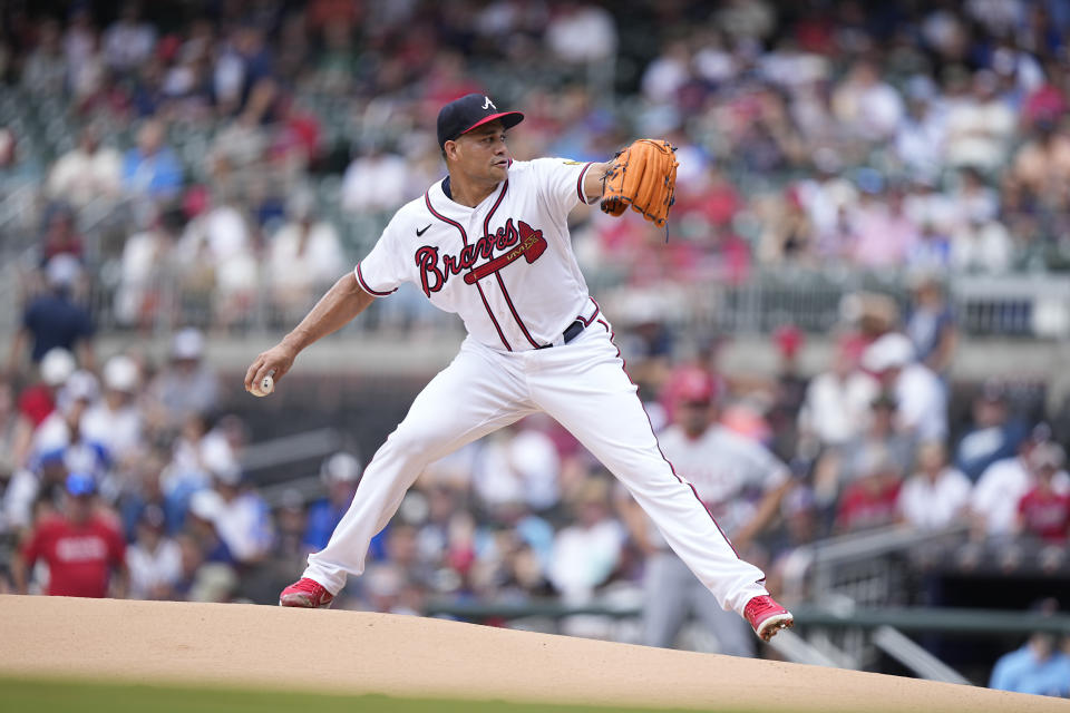 Atlanta Braves starting pitcher Yonny Chirinos (56) delivers in the first inning of a baseball game against the Los Angeles Angels Wednesday, Aug. 2, 2023, in Atlanta. (AP Photo/Brynn Anderson)