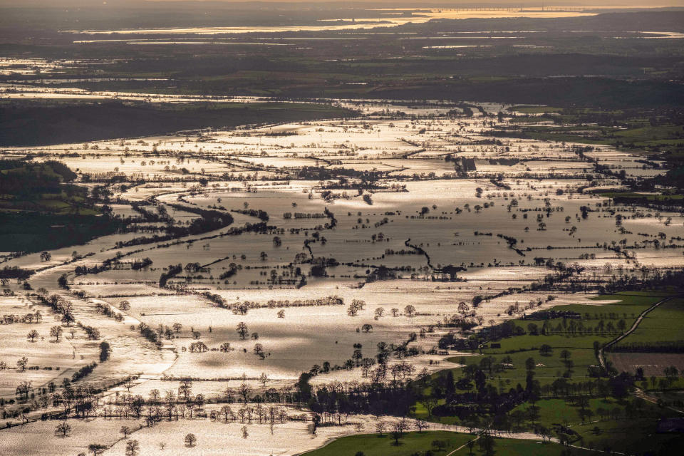 Aerial view of the River Severn looking down towards the Severn Bridge from Tewkesbury, Gloucestershire.