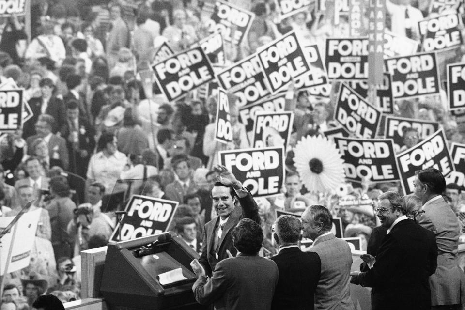 Sen. Robert Dole addresses the GOP Convention in Kansas City, Mo., on Aug. 19, 1976, after he was nominated as the party's vice presidential candidate. (AP file)