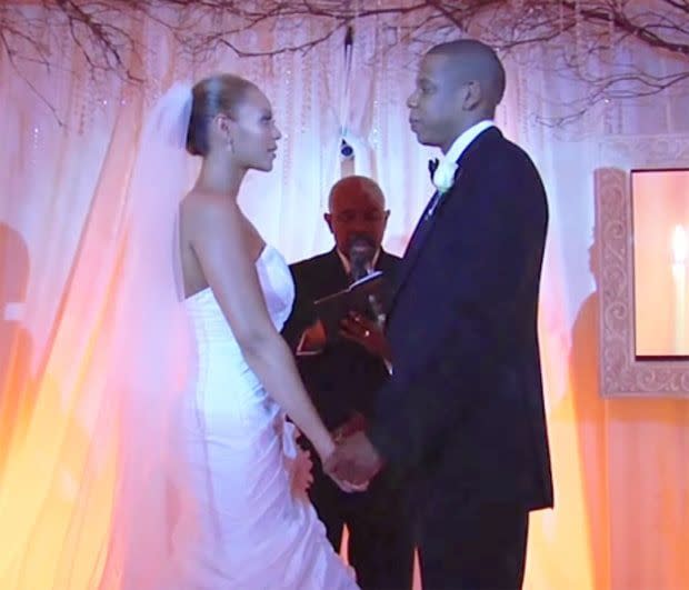 <p>Only 40 guests were invited to <a href="http://www.essence.com/2016/04/04/9-things-you-didnt-know-about-beyonce-jay-z-wedding" rel="nofollow noopener" target="_blank" data-ylk="slk:Beyonce and Jay-Z;elm:context_link;itc:0;sec:content-canvas" class="link ">Beyonce and Jay-Z</a>'s super private wedding on April 4, 2008, inside Jay-Z's penthouse in Tribeca. Beyonce wore a strapless white gown designed by her mother, and there was no traditional bridal party. </p>